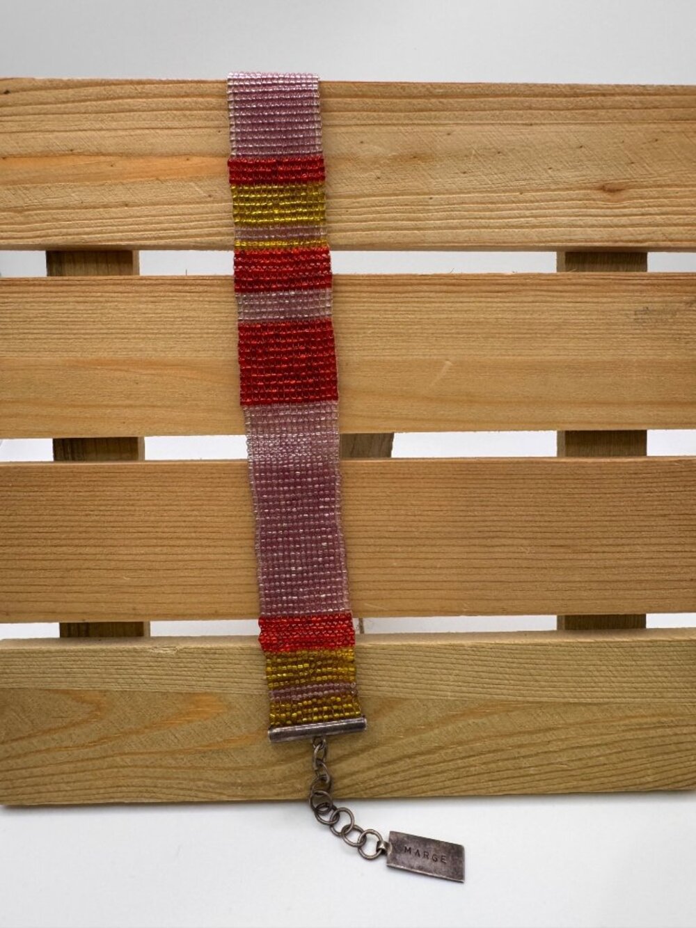 Mimi & Marge Beaded Choker Necklace Pink Red Stripe 925 Findings Signed